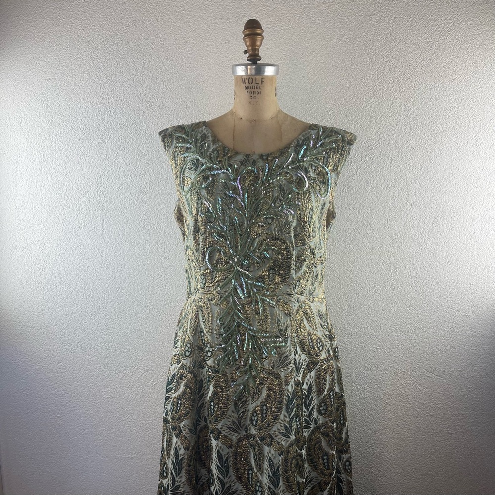 Vintage l 60s L Floral Paisley Metallic Lurex Sequin Pinup Bombshell Formal Gown